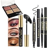 MooGlamor 4-in-1 Eye Makeup Kit 4 Colors Eyeshadow Palette Black Liqiud Eyeliner with Stamp and Double-headed Brown Eyebrow Pencil Set for Women Beginners Gift (03)