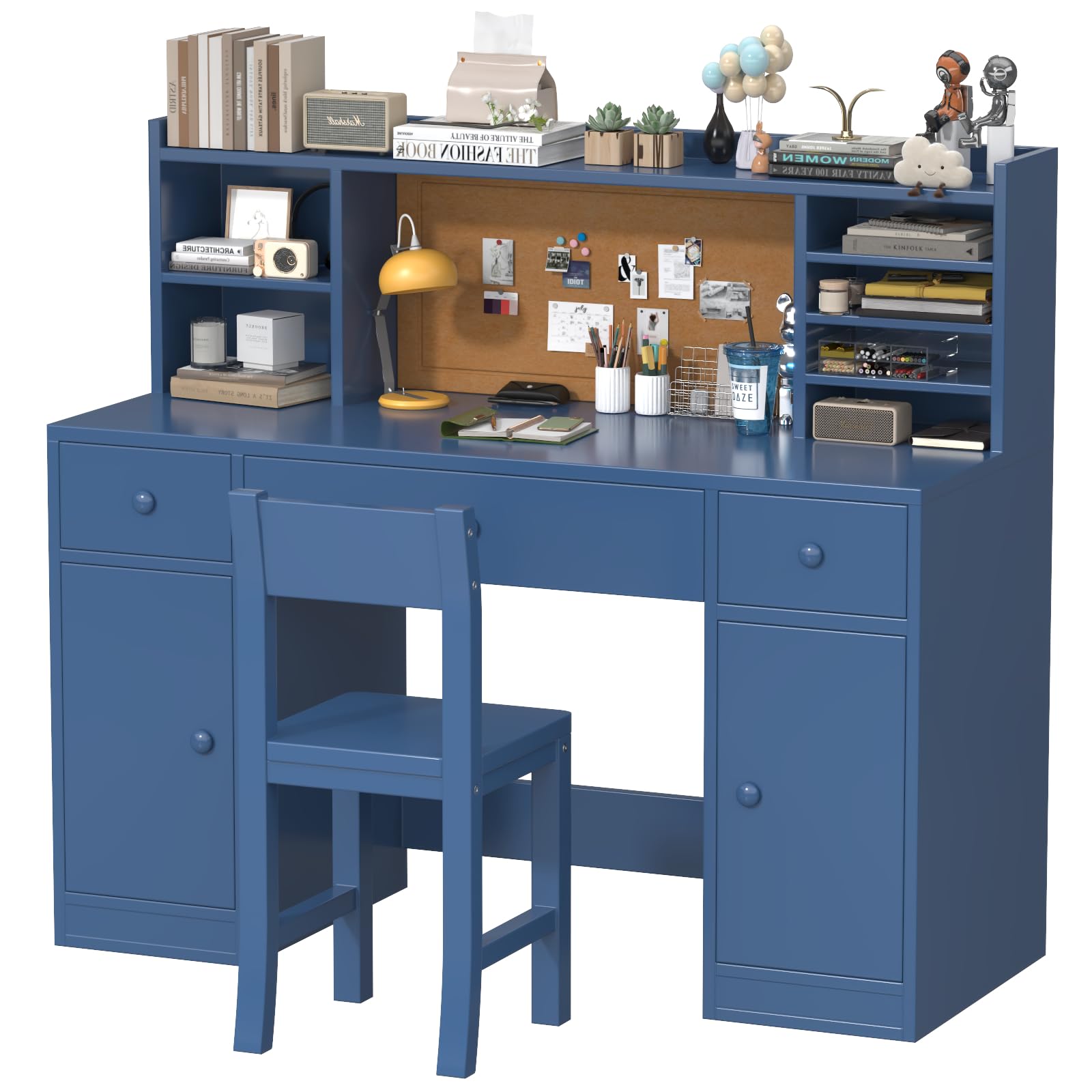 Photo 1 of RUPOLX Blue Wooden Kids Desk and Chair Set,48"*20" Kids Study Desk with Large Storage Cabinet,Kids Study Table and Chair Set with 3 Drawers & 4 Cabinets,Girls Study Desk for Kid for Bedroom-2cRrzw