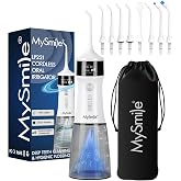 MySmile LP221 Cordless Water Flossers for Teeth w/UVC Light &amp; OLED Display | 335ML 4 Modes Water Jet Dental Picks for Teeth Cleaning, Water Flossing, Gum &amp; Braces Care, Home &amp; Travel Use, Pearl White