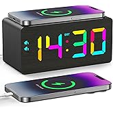 URAYCO Wooden Digital Alarm Clock with Fast Wireless Charger, Dual USB Charging Ports, DST, Dimmable, Snooze, RGB Large Number Display LED Clock for Bedrooms, Living Room, Desk, Table, Bedside(Black)