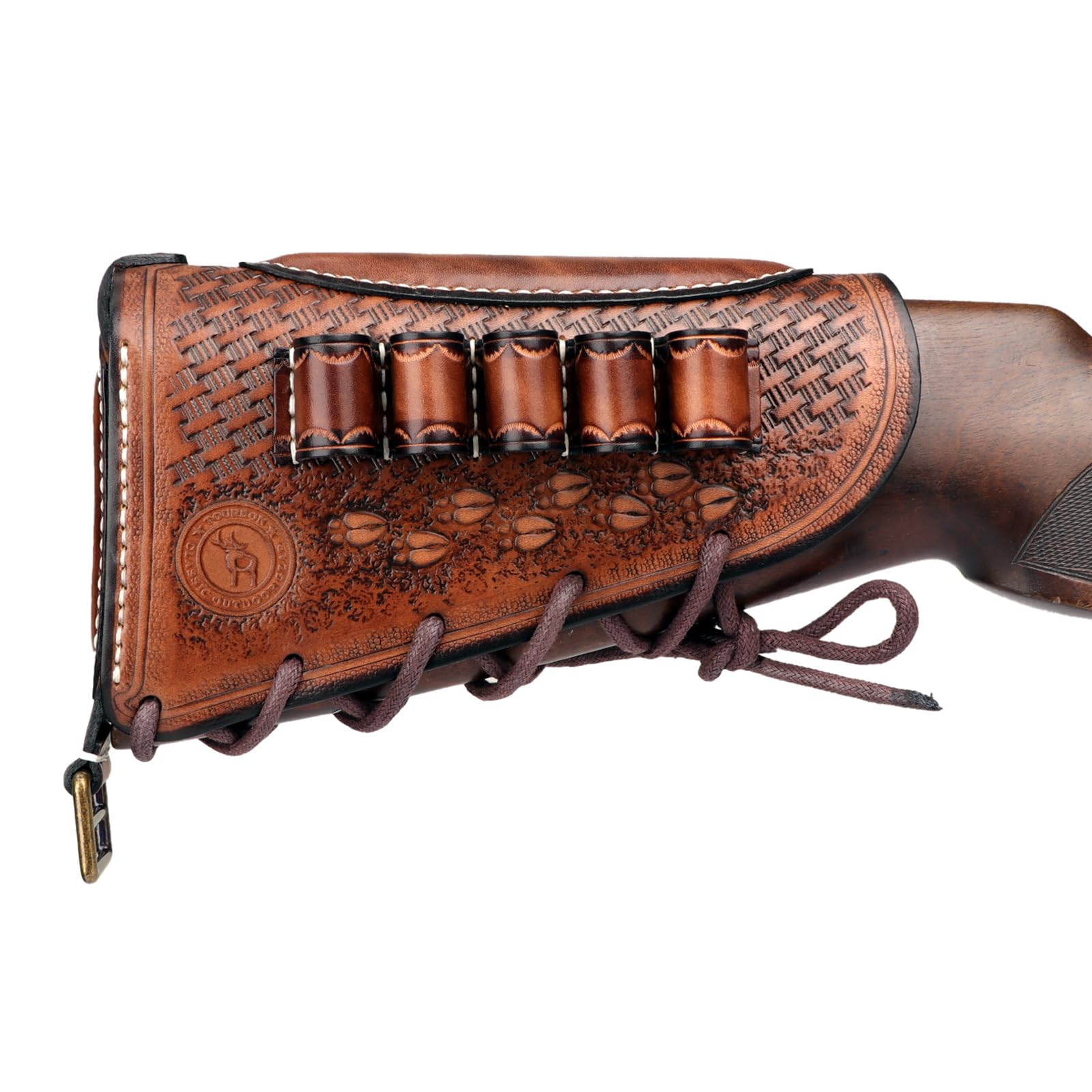 TOURBON Cowhide Leather Shotgun Buttstock Ammo Pouch Adjustable Cheek Rest Shell Holder for 12GA Cartridges