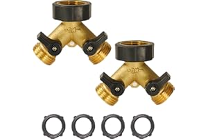 Uptotop Brass Garden Hose Splitter 2 way Heavy Duty, 2 Pack Brass Hose Y Splitter 2 Valves, Y Connector with 4 Extra Rubber Washers
