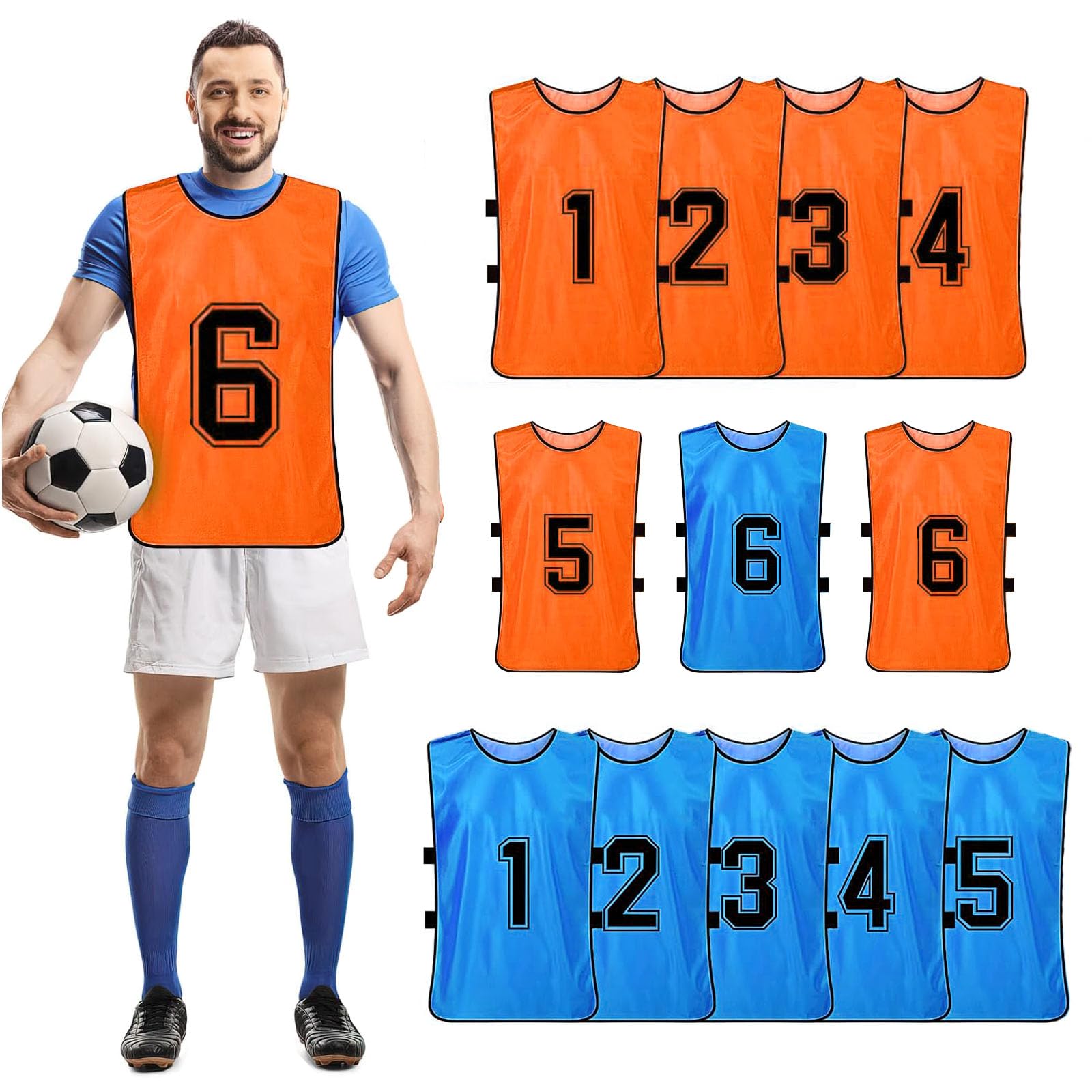 12 Pack Adult Football Training Bibs, Basketball Scrimmage Numbered Bibs, Quick Drying Team Training Vests Sports Bib Practice Vest for Youth - X-Large - (Orange, Blue)