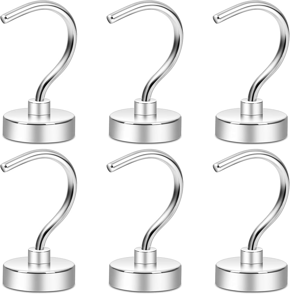 Neosmuk Magnetic Hooks, 30kg Capacity, CNC Machined, Pack of 6, Silvery White