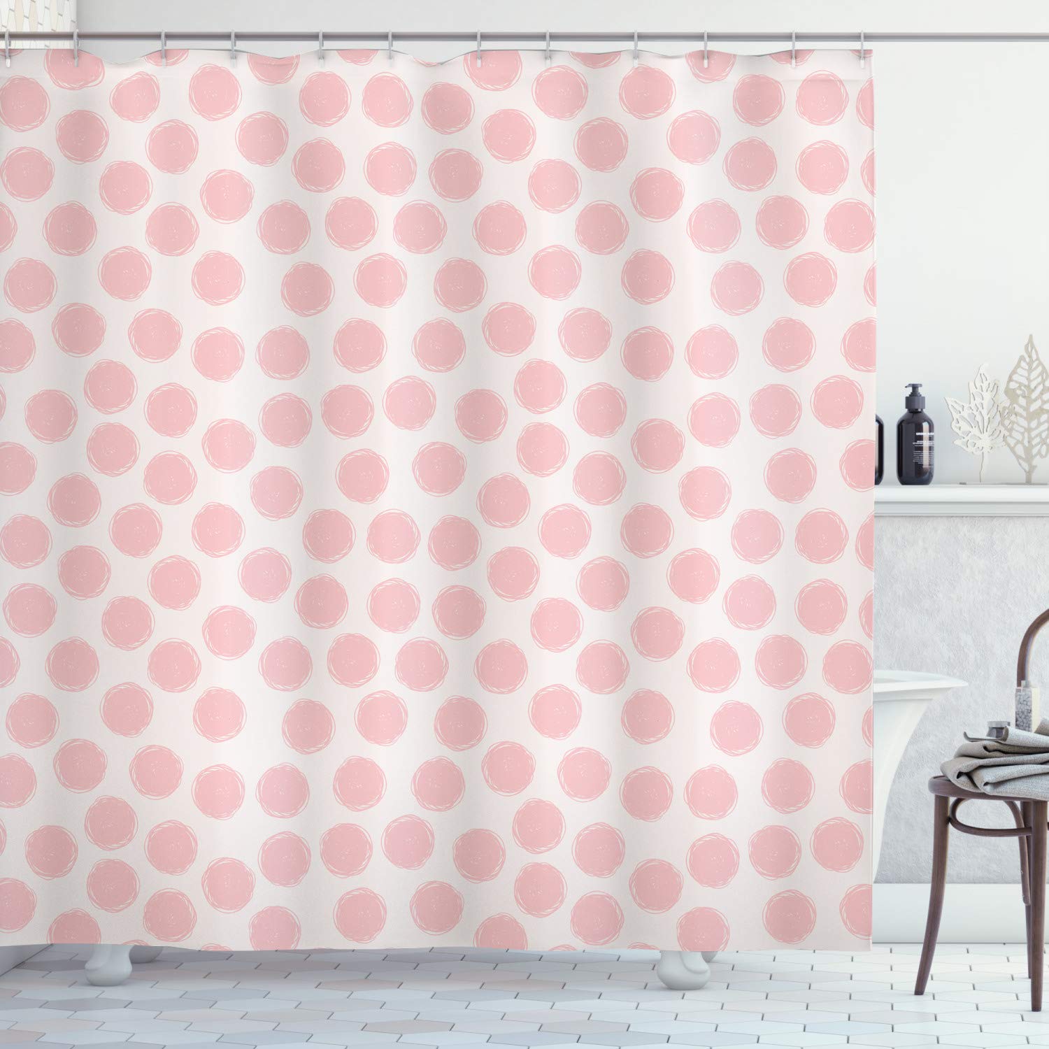 ABAKUHAUS Retro Shower Curtain, Hand Drawn Style Dots in Pastel Color and Retro Style Childhood Pattern, Cloth Fabric Bathroom Decor Set with Hooks, 78 Inches, Coconut and Blush — image 1
