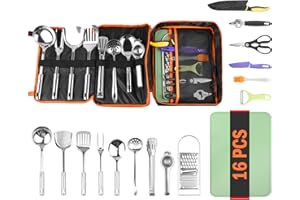 GAIALOOP Camping Cooking Utensil Set 16 PCS Camp Kitchen Utensils Kit with Organizer Case Bag, Portable RV Camping Cooking Essentials Accessories for Cookouts Stainless Steel