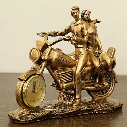 JaipurCrafts Resin Romantic Valentine Love Couple Sitting on Bike with Table Clock Statue Showpiece Gifts; 24 cm; Gold