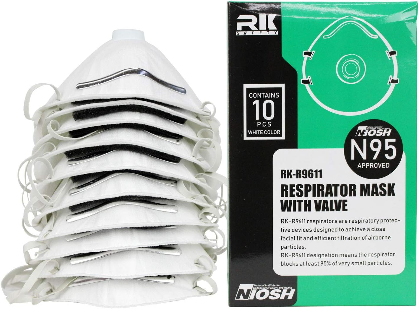 (10 per Package) RK Safety RK-9611 N95 Rated Particulate Respirator Dust Mask with Exhalation Valve