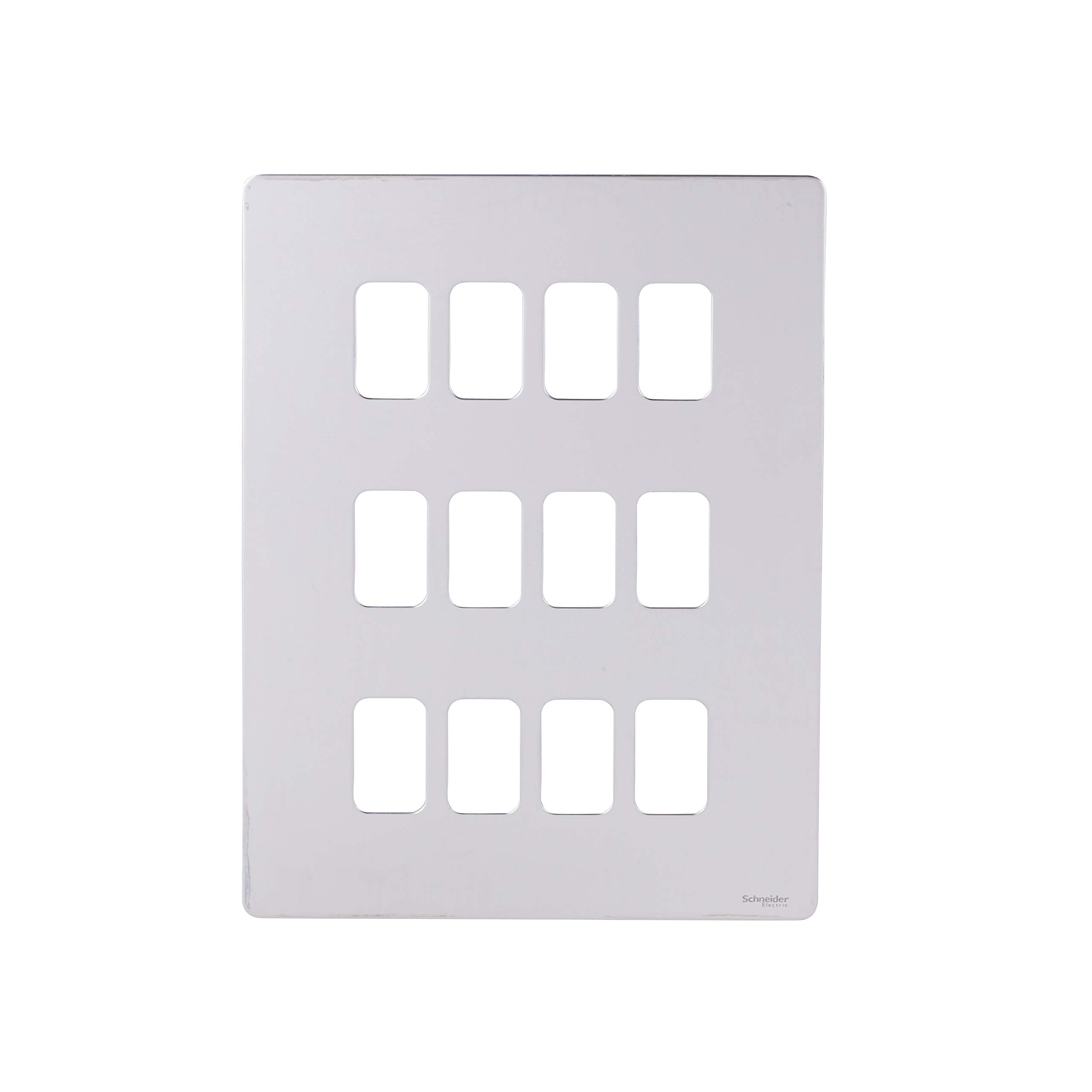 Schneider Electric Ultimate Screwless Flat Plate - 12 Gang Grid Faceplate, with Mounting Frame, GUGS12GMS, Polished Chrome