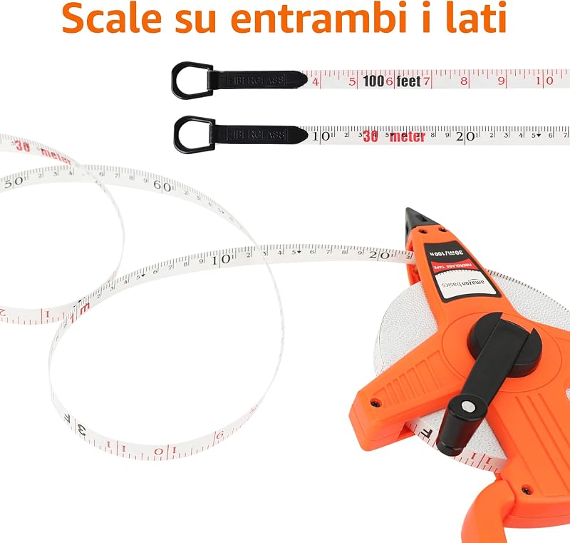 metro con bobina aperta, in fibra di vetro, 100 piedi (30 metre), alloggiamento resistente agli urti, Arancione