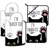 Funny Black Cat Oven Mitts and Pot Holders Sets Heat Resistant 4Pcs Potholders Oven Gloves Hot Pads for Kitchen Baking Cooking Grilling BBQ