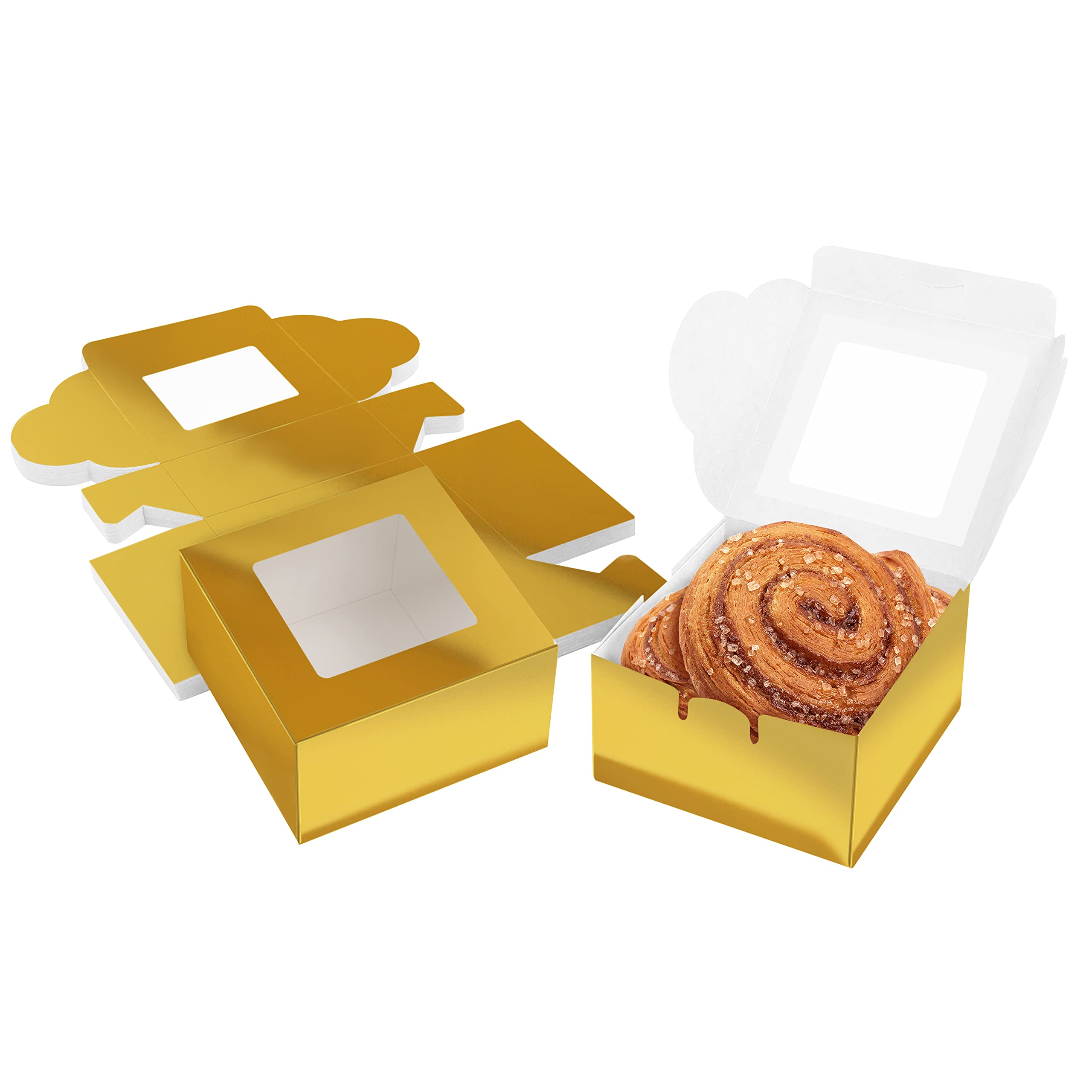 BELLE VOUS Gold Paper Kraft Single Bakery Pastry Boxes with Windows (50 Pack) - 10.16 x 10.16 x 5.7cm/ 4 x 4 x 2.24 inches - Disposable Packaging Boxes for Cookies, Cup Cakes, Desserts, Pies & Gifts
