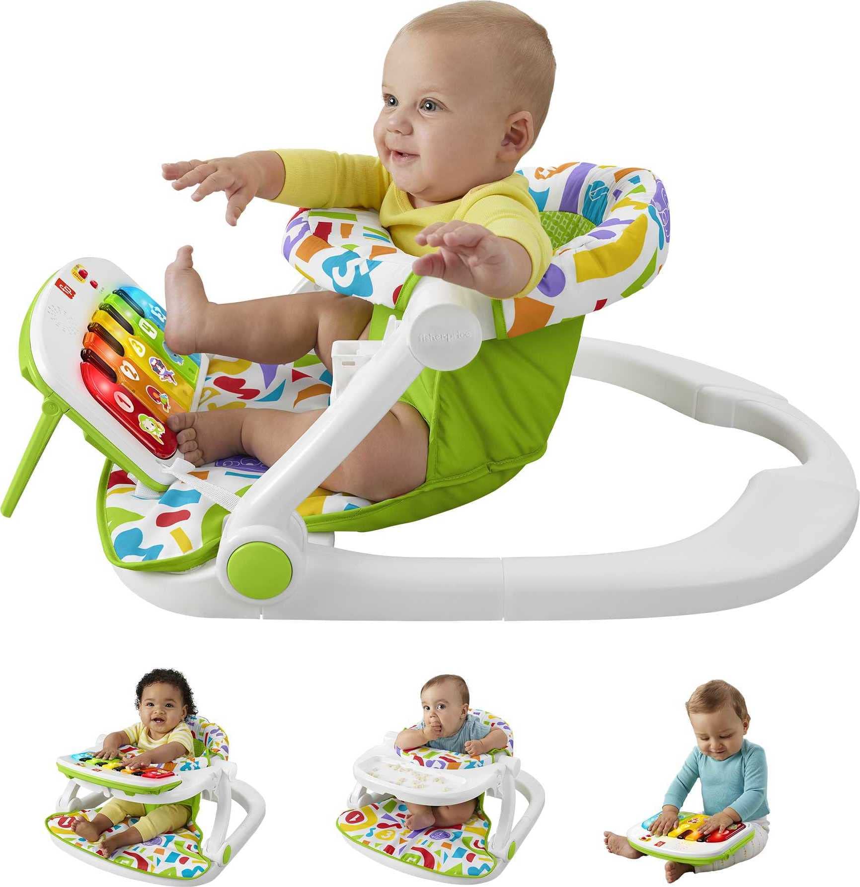 Fisher-Price Portable Baby Chair Kick & Play Deluxe Sit-Me-Up Seat with Piano Learning Toy and Snack Tray for Infants to Toddlers