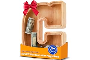 AUVCE Wooden Letter Piggy Bank for Kids, Initial Coin Bank for Boys and Girls, First Name Personalized Savings Bank for Birthday Boys Girls Gift Piggy Bank for Kids (Wood, S9-C)