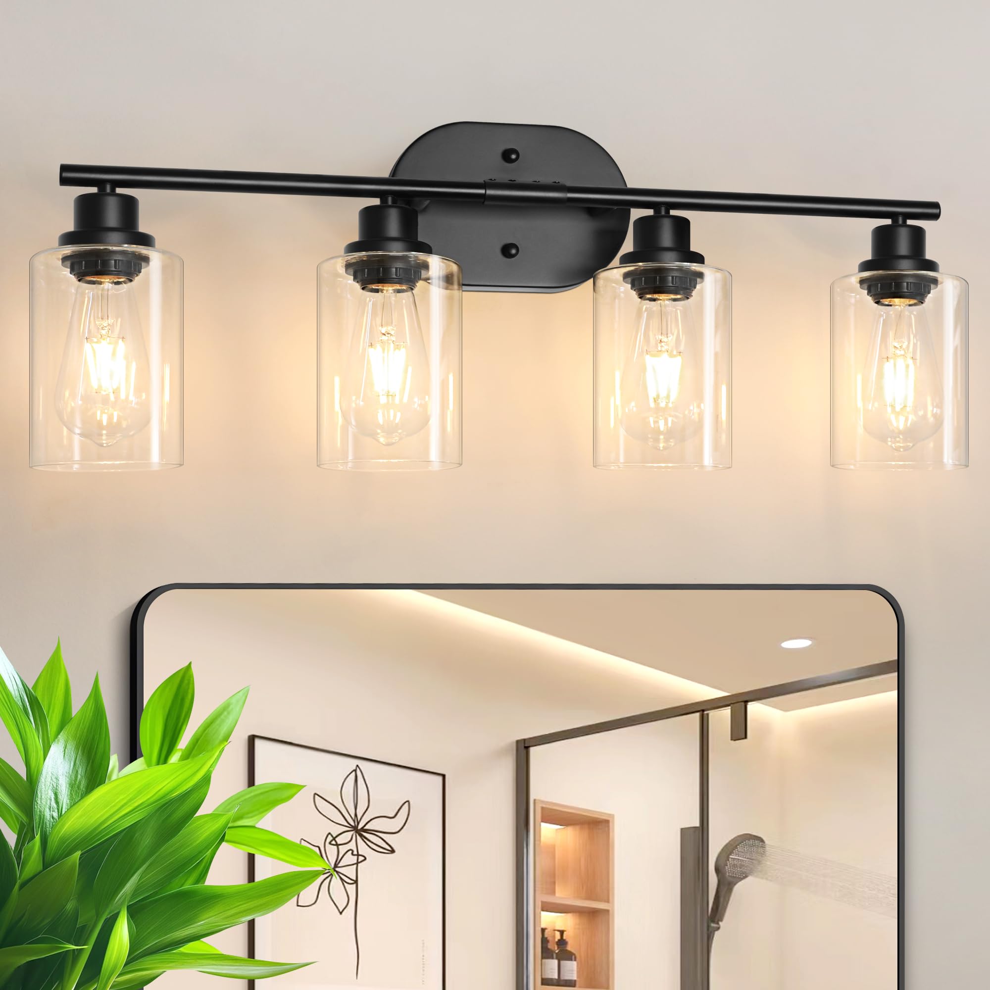 Photo 1 of Unicozin Bathroom Light Fixtures, 4 Light Vanity Lights for Bathroom, Black Wall Lamp with Clear Glass for Mirror, Living Room, Hallway, Cabinet, E26 Base