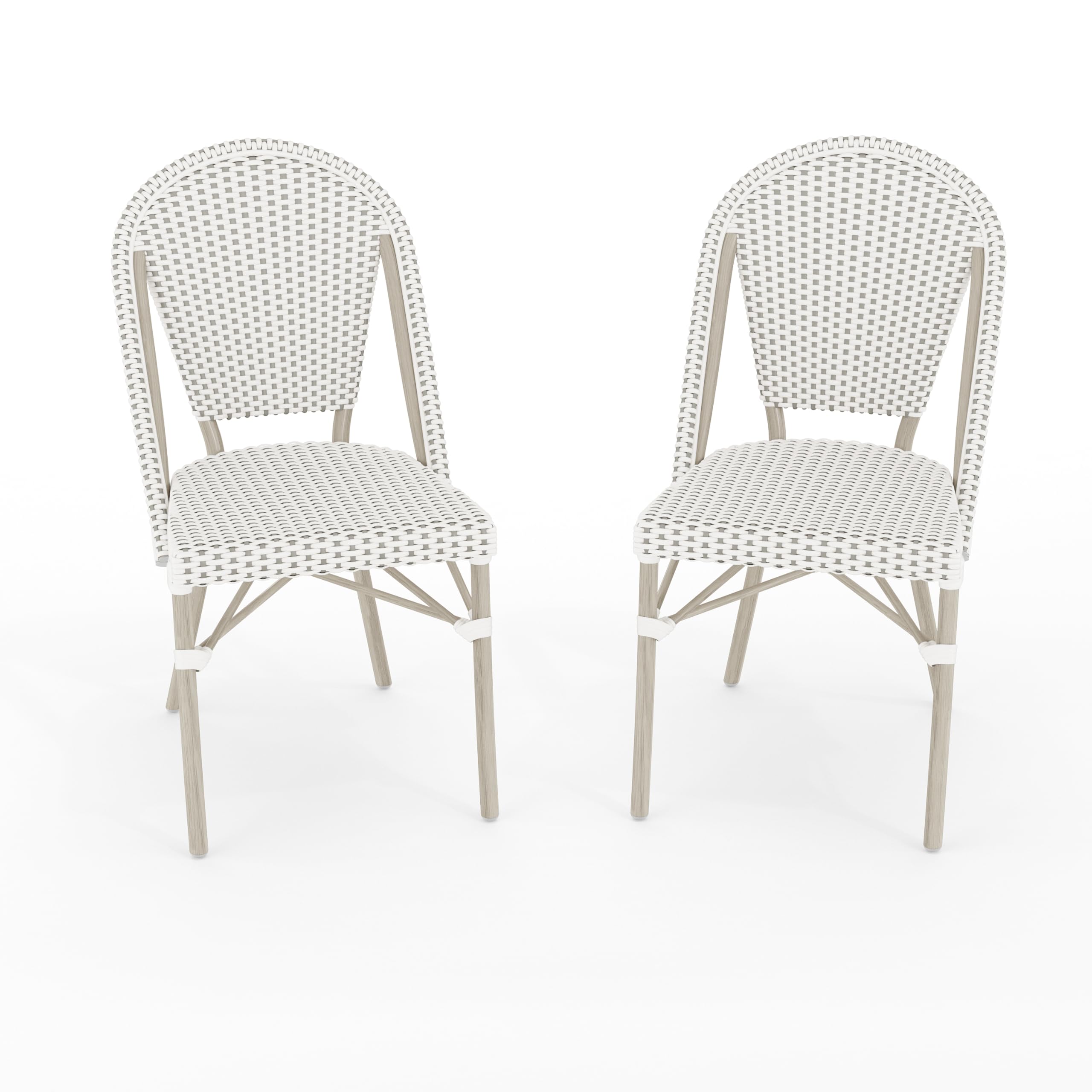 Martha Stewart Lily Pond Indoor-Outdoor Stackable Bistro Chairs with Gray Woodgrain Aluminum Frame Finish, White/Gray Woven Rattan Backrests/Seats, Set of 2