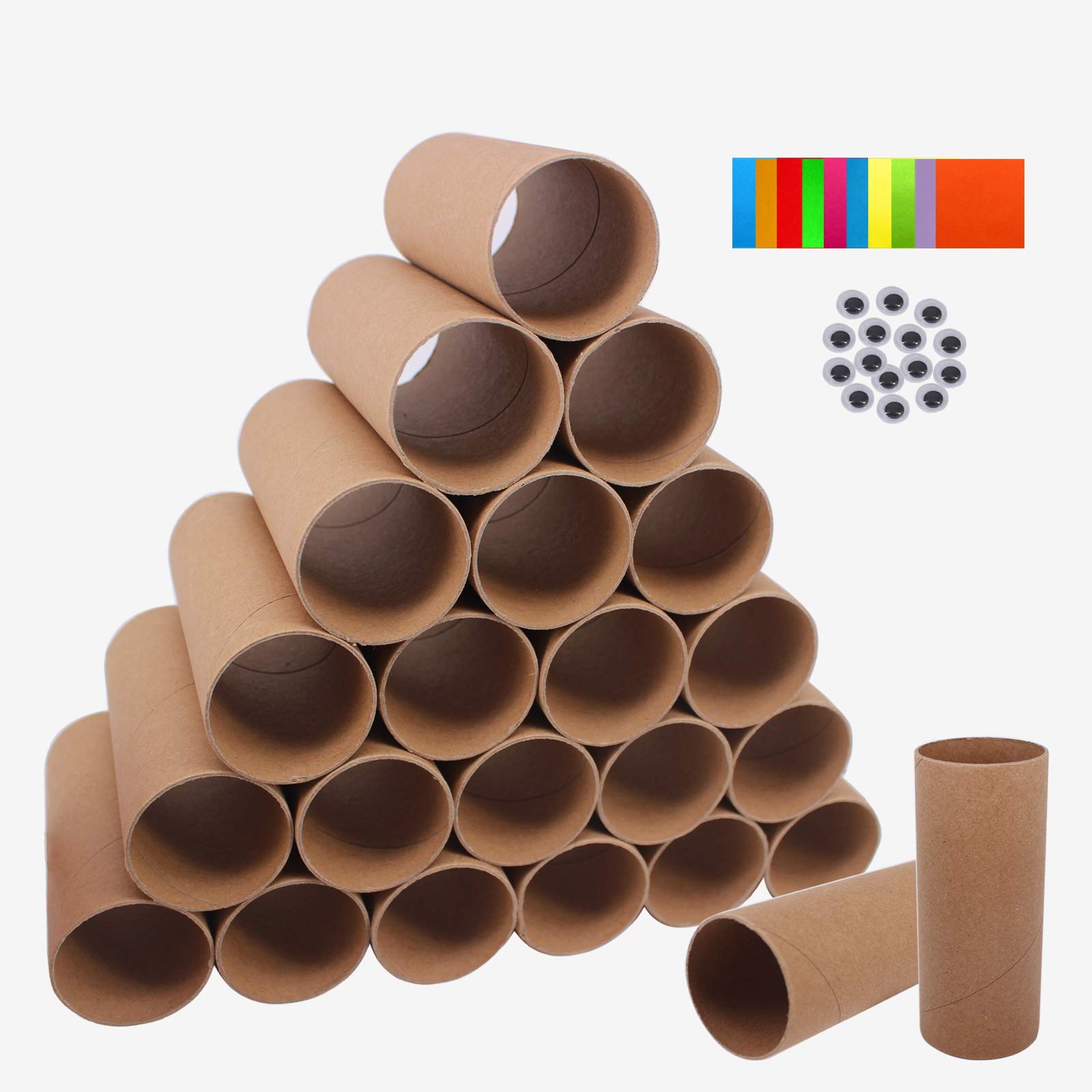 ZMCYN 40 Pack 1.6x3.9 Inch Cardboard Tubes Brown Paper Roll Tubes, Paper Cardboard Craft Tube Rolls for Craft, DIY Arts, Classroom Projects, Extra 100 Sheets Colored Paper, 80 Pcs Wiggle Eyes