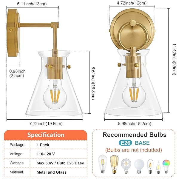 GOLD WALL SCONCE 1-LIGHT HARDWIRED WALL MOUNT MODERN FARMHOUSE VANITY LIGHT FIXTURES WITH 6 INCH CLEAR GLASS SHADE, WALL LIGHTS FOR BATHROOM, BEDROOM, LIVING ROOM, MIRROR, KITCHEN, LIGHTING LAMP