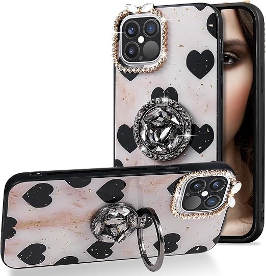 Cell Phones Accessories Black Aulzaju For Iphone 12 Iphone 12 Pro Cover Luxury Bling Glitter Diamond Sparkle Marble Bumper Case With Ring Kickstand Cute Shiny Fashion Beaded Jewel Lanyard Girl Woman