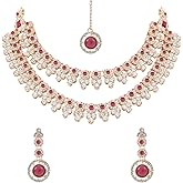 I Jewels Gold Plated Stylish Design Crystal Diamond Necklace With Earrings & Maang Tikka Jewellery Set for Women