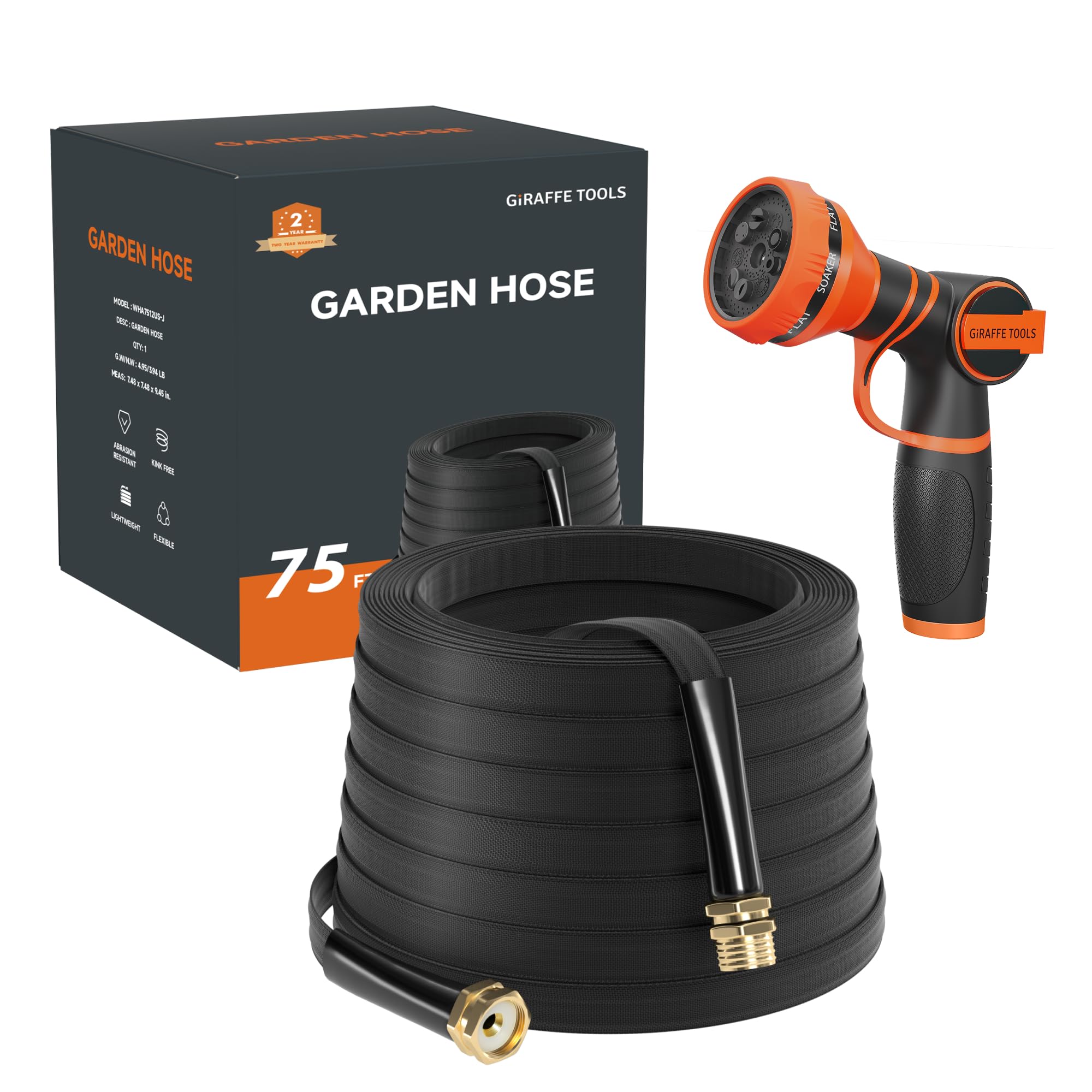 Photo 1 of Giraffe Tools Garden Hose 75FT Lightweight Lay Flat Water Hose Kink Free Flexible Hose with 9 Spray Function Nozzle, Black