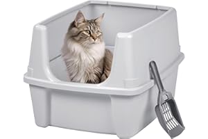 IRIS OHYAMA IRIS USA Large Cat Litter Box with Scatter Shield and Scoop, Open Top High Sided Cat Litter Pan, Silver