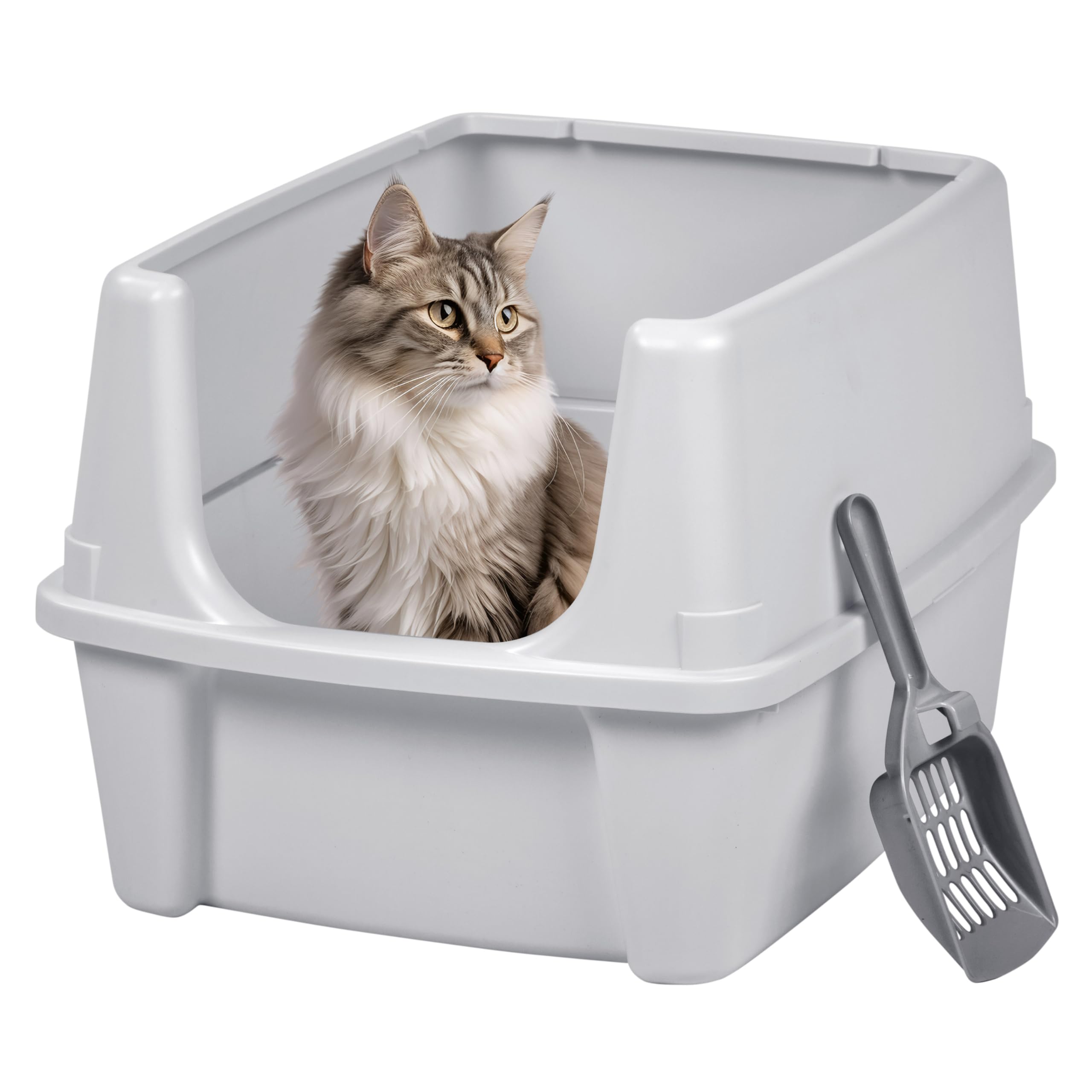 Photo 1 of IRIS USA Large Cat Litter Box with Scatter Shield and Scoop, Open Top High Sided Cat Litter Pan, Silver