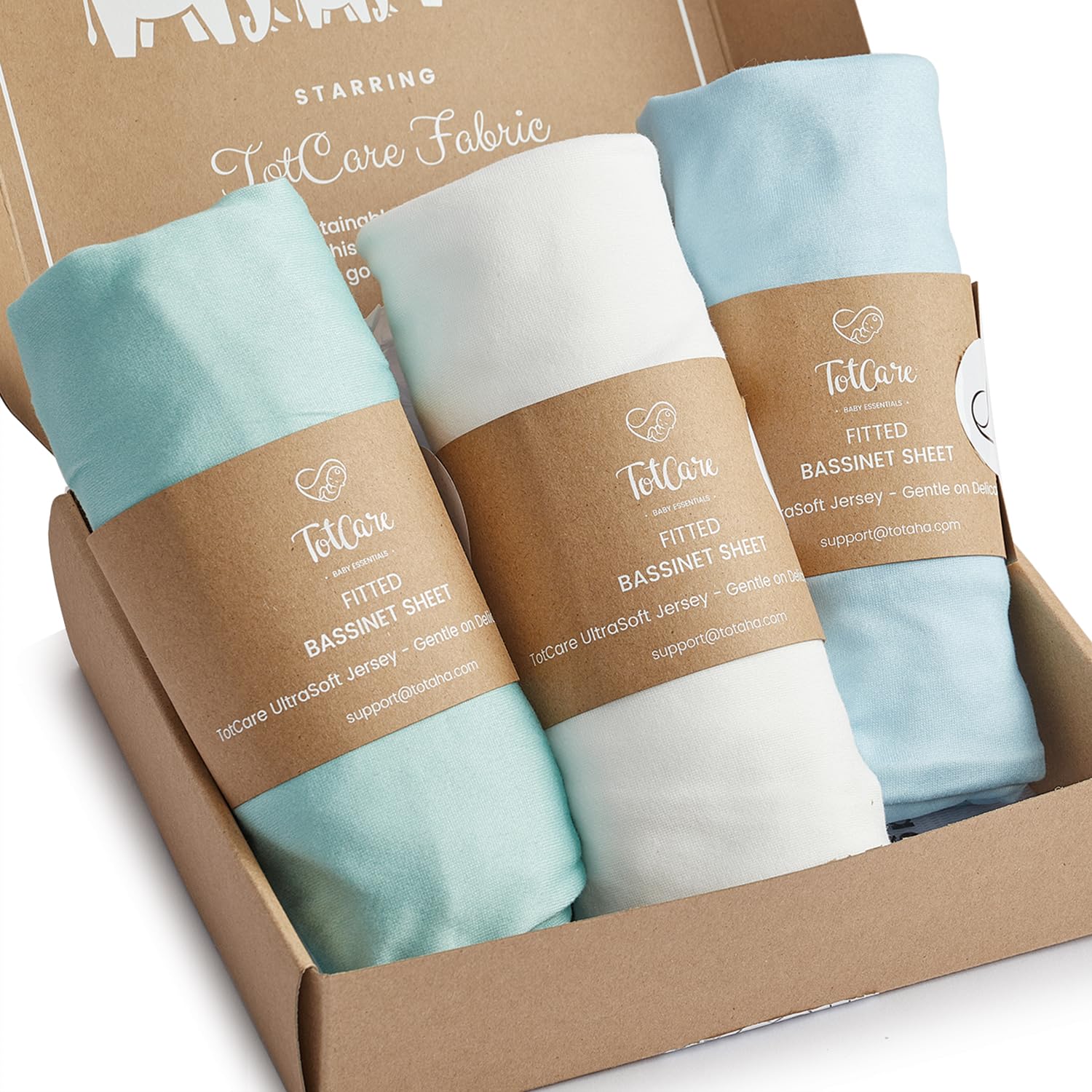 Photo 1 of TotCare Bassinet Fitted Sheets Compatible with SNOO Happiest Baby Oval Bassinet - Buttery Soft, Silky Comfort, Premium Stretchy Jersey Knit Sheets - Sky + Sage + Cloud, 3 Pack