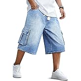 GINGTTO Mens Baggy Jean Shorts Cargo Long Denim Shorts Elastic Waist 15 Inch Inseam