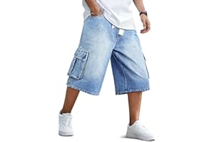 GINGTTO Mens Baggy Jean Shorts Cargo Long Denim Shorts Elastic Waist 15 Inch Inseam