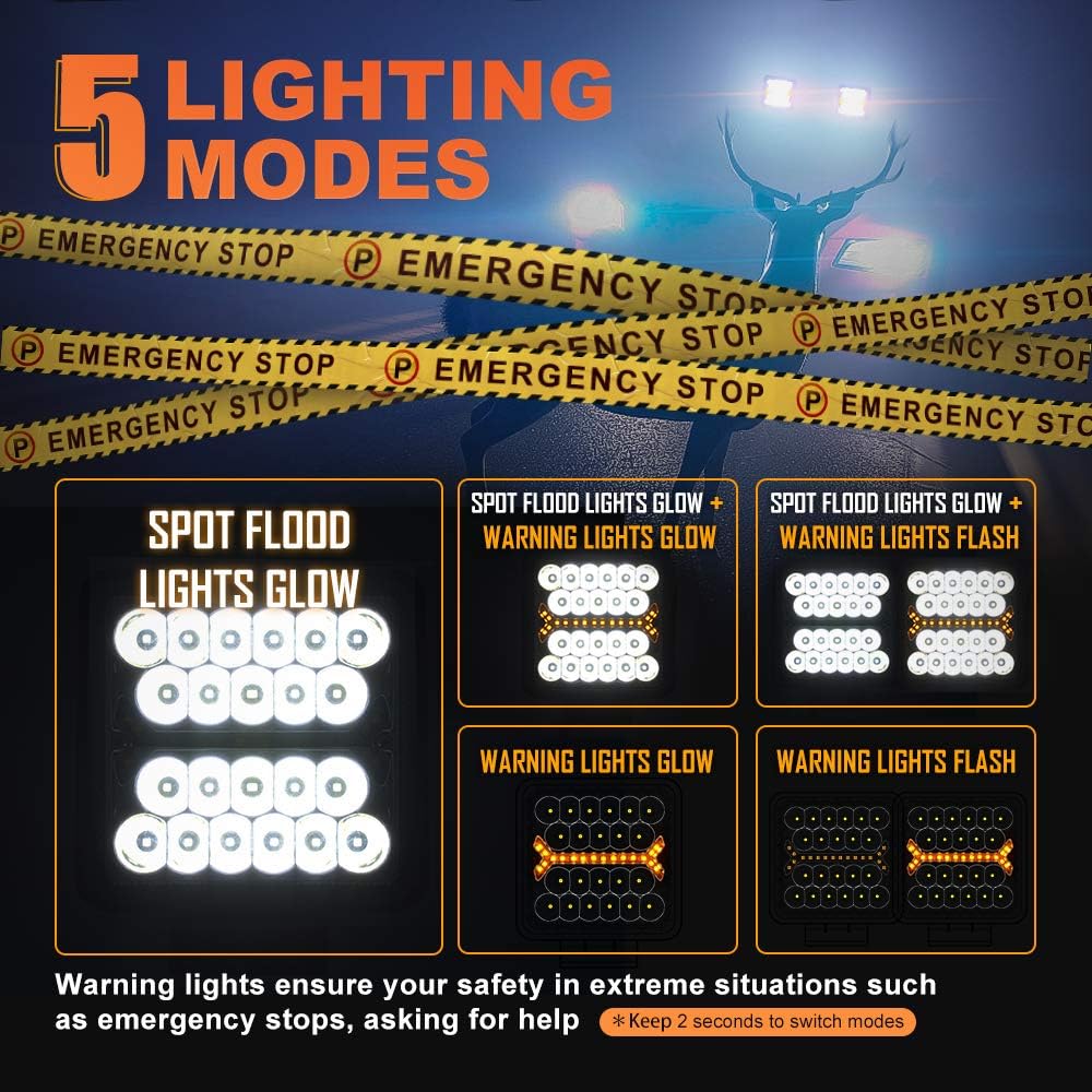 Hikari 2020 New, Square Spot Flood Warning LED Bar 2PCS 4 Inch, 5 Light Modes, 16000LM Top Chips, Driving Fog Backup Work Off Road Bumper for Pickup Trucks Jeep Ford ATV UTV SUV Boat: Automotive