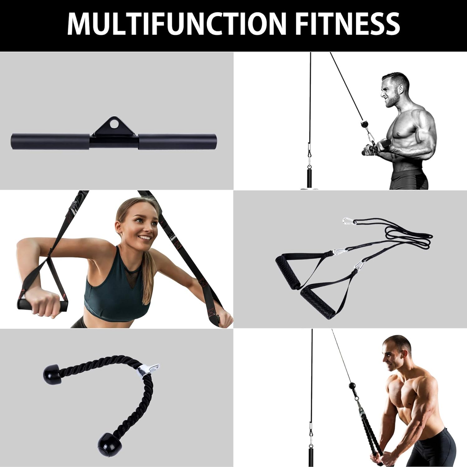 TIXTEM LAT Pull Down Machine Attachment Cable Pulley System Gym Tricep Rope Bar Workout,Biceps,Arm,Shoulders Exercise for Home Strength Training Fitness Equipment (3 Handles Pulley System): Sports & Outdoors