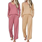 Ekouaer 2 Pack Womens Ribbed Knit Pajama Sets V Neck Soft Lounge Sets Long Sleeve PJs Loose Matching Outfits Set