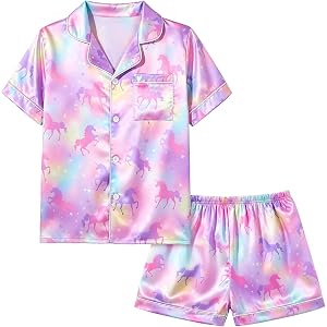 Play Tailor Girls Satin Pajamas Silk Pjs Set Sleepwear Loungewear for 4-11Y | Button-Up Closure, Smooth Silky Satin Fabric, E