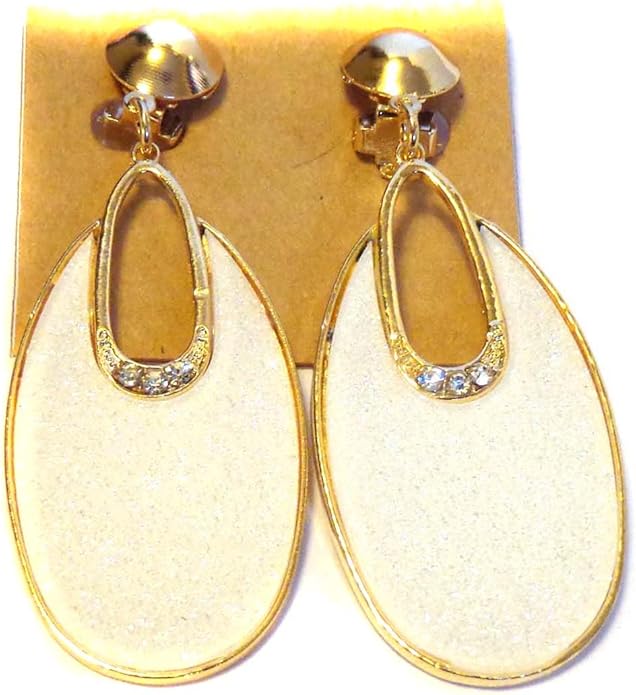 Clipon Earrings Oval Hoop Dangle Ivory White Clip Earrings