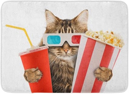 Ynimiohob Paillassons Tapis De Bain Exterieur Interieur Porte Tapis Rouge Drole Chat Regarder Film Animal Popcorn Cinema Lunettes Hollywood Salle De Bain Decor Tapis Tapis De Bain Amazon Fr Cuisine Maison