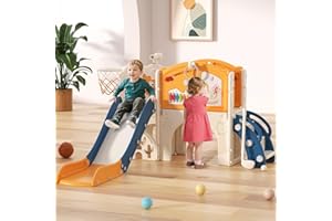 BIERUM Toddler Slide Set, 13 in 1 Kids Indoor Slide for Toddler 1-3, Indoor Outdoor Toddler Slide Playset with Basketball Hoop, Golf Game & Drawing Board, Baby Indoor Slide Playground, Blue&Yellow
