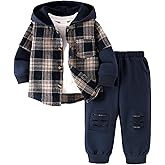 DOMOABEI Toddler Baby Boys Clothes 2Pcs Fall Winter Outfits Sweatsuit Button Plaid Shirt Hoodie Ripped Pants 12M-5T