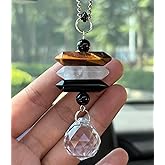 Crystal Hanging Car Charm,Cute Healing Stones Car Decor for Rear View Mirror,Boho Handmade Sun Catcher Ornament Accessories,Tiger Eye Black Obsidian Hematite Quartz Crystal Protection for Women