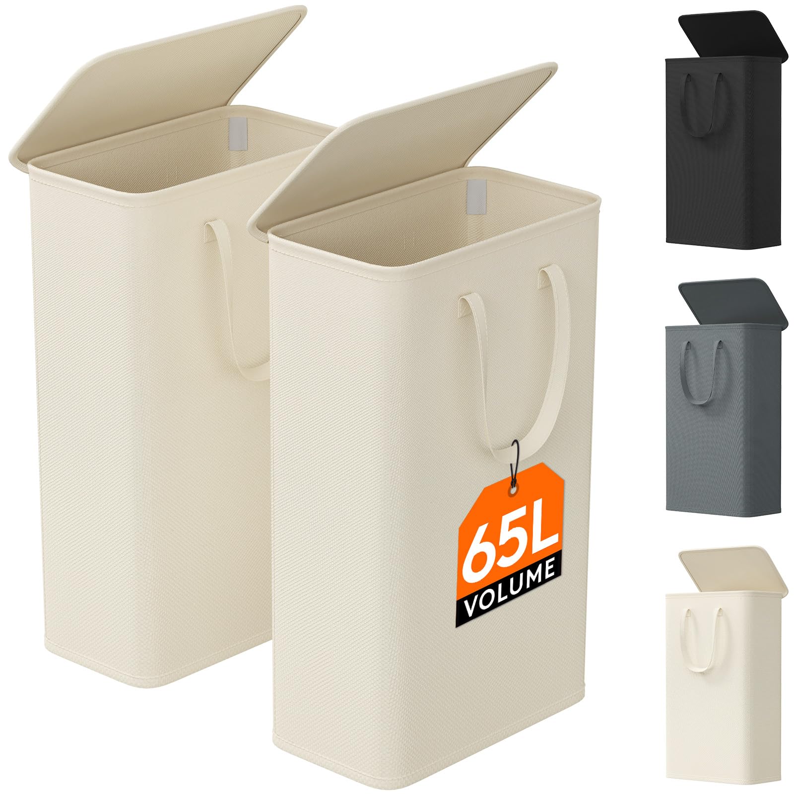 Lifewit 65L Slim Laundry Basket with Lid, Small Washing Basket, Narrow Foldable Laundry Bag with Handles, Thin Laundry Hamper Bin Storage for Bedroom Accessories, White, 2 Packs