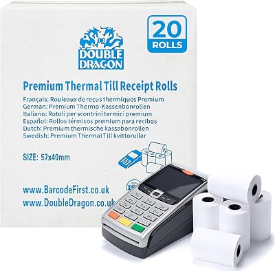 Double Dragon 20 Rolls 57x40mm Thermal Receipt Paper Till Rolls 57mm