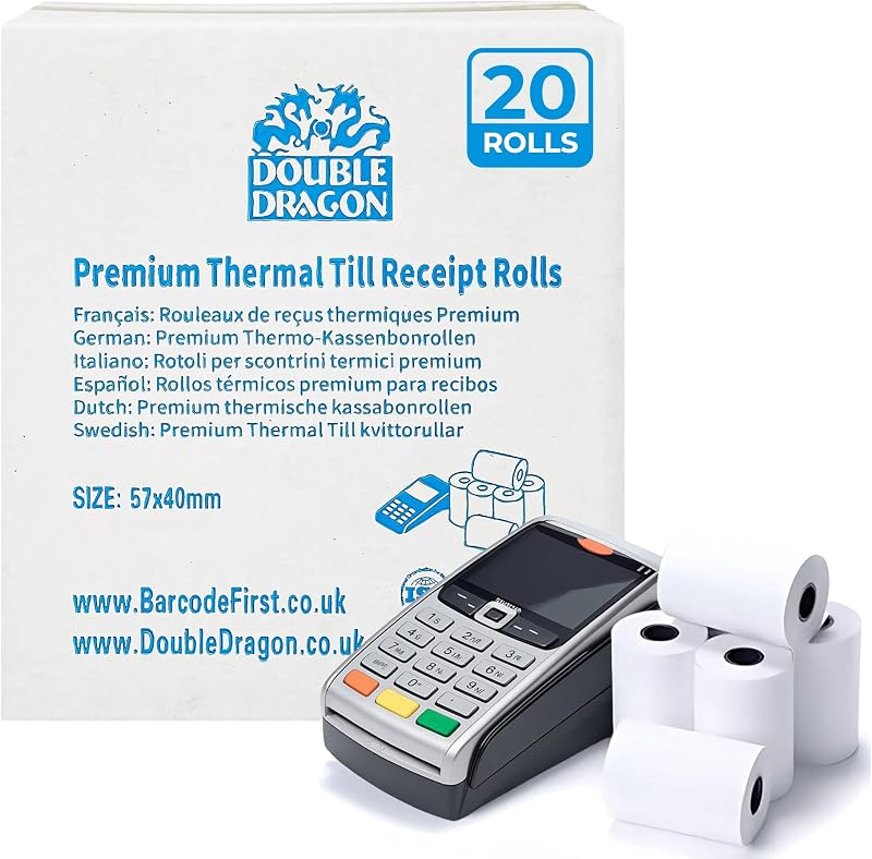 Double Dragon 20 Rolls 57x40mm Thermal Receipt Paper Till Rolls 57mm