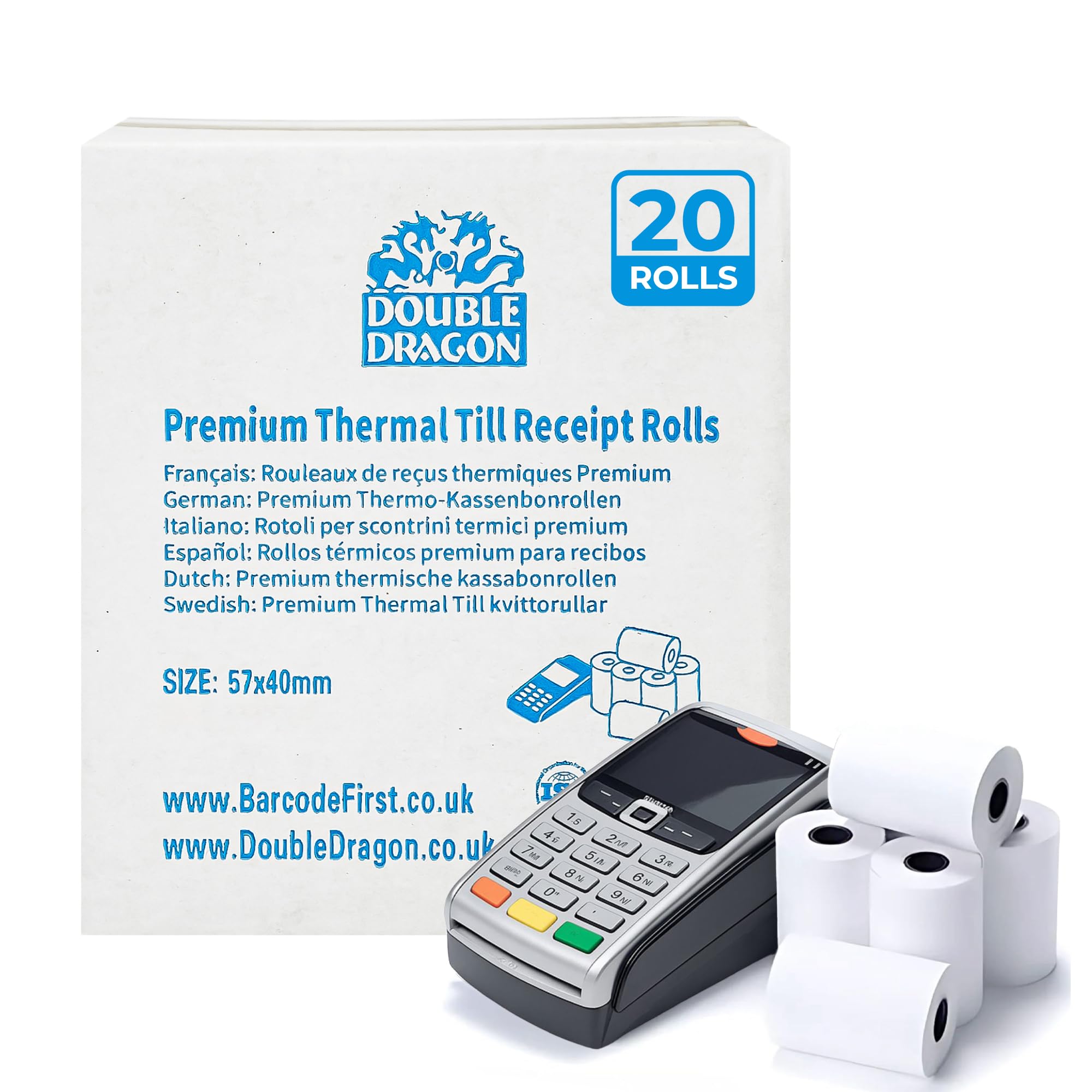 Double Dragon, 20 Rolls, 57 x 40mm Thermal Receipt Paper, Till Rolls for Credit Card Machines & PDQ Terminals, Compatible with Ingenico, Verifone, Barclays, Pax, Worldpay, Sagem, Spire | BPA-Free
