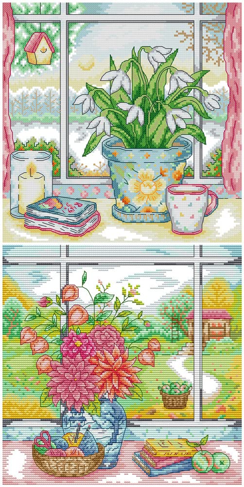 Awesocrafts 2 Pack Cross Stitch Stamped Kits Vase on Windowsill Easy Patterns Cross Stitching Embroidery Needlework Kit Supplies (Vase 6)