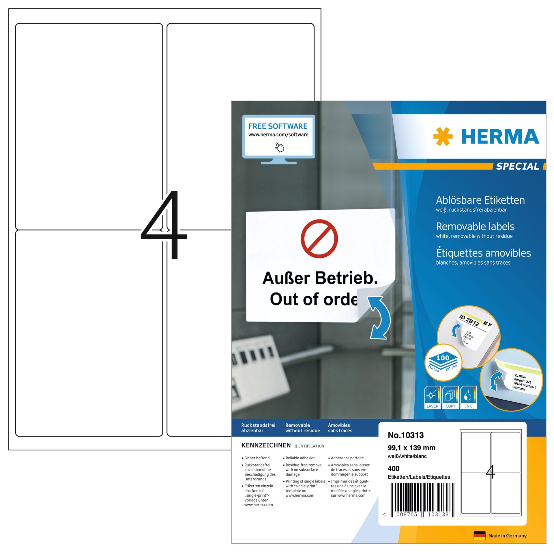 HERMA Self Adhesive Removable Labels, 4 Labels per A4 Sheet, 100 Sheets, 99.1 x 139 mm, 400 Labels, Blank Multipurpose Labels Stickers, Sticky Labels for Laser & Inkjet Printer, White
