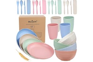 WWYYBFK Wheat Straw Dinnerware Sets, 28PCS Plastic Plates and Bowls Sets College Dorm Room Essentials Dishes Set with Cutlery Set Microwave Safe (Colorful)