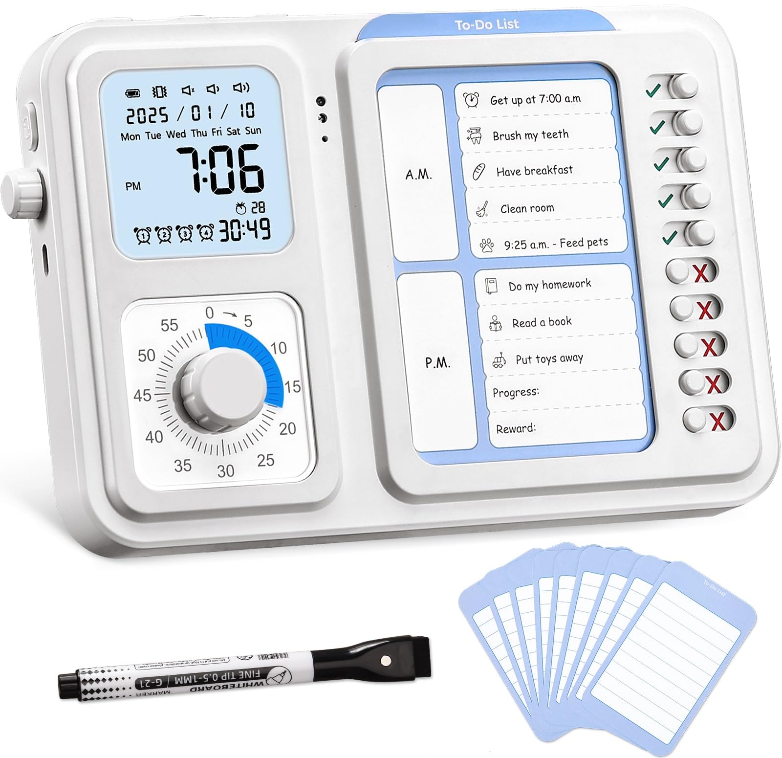 Photo 1 of 3-in-1 Visual Timer & ADHD Tool for Kids|Adults, Task Timer with Chore Chart Board, Visual Schedule for Kids with Autism, Daily Checklist for Home, School, Classroom, Desk (White)