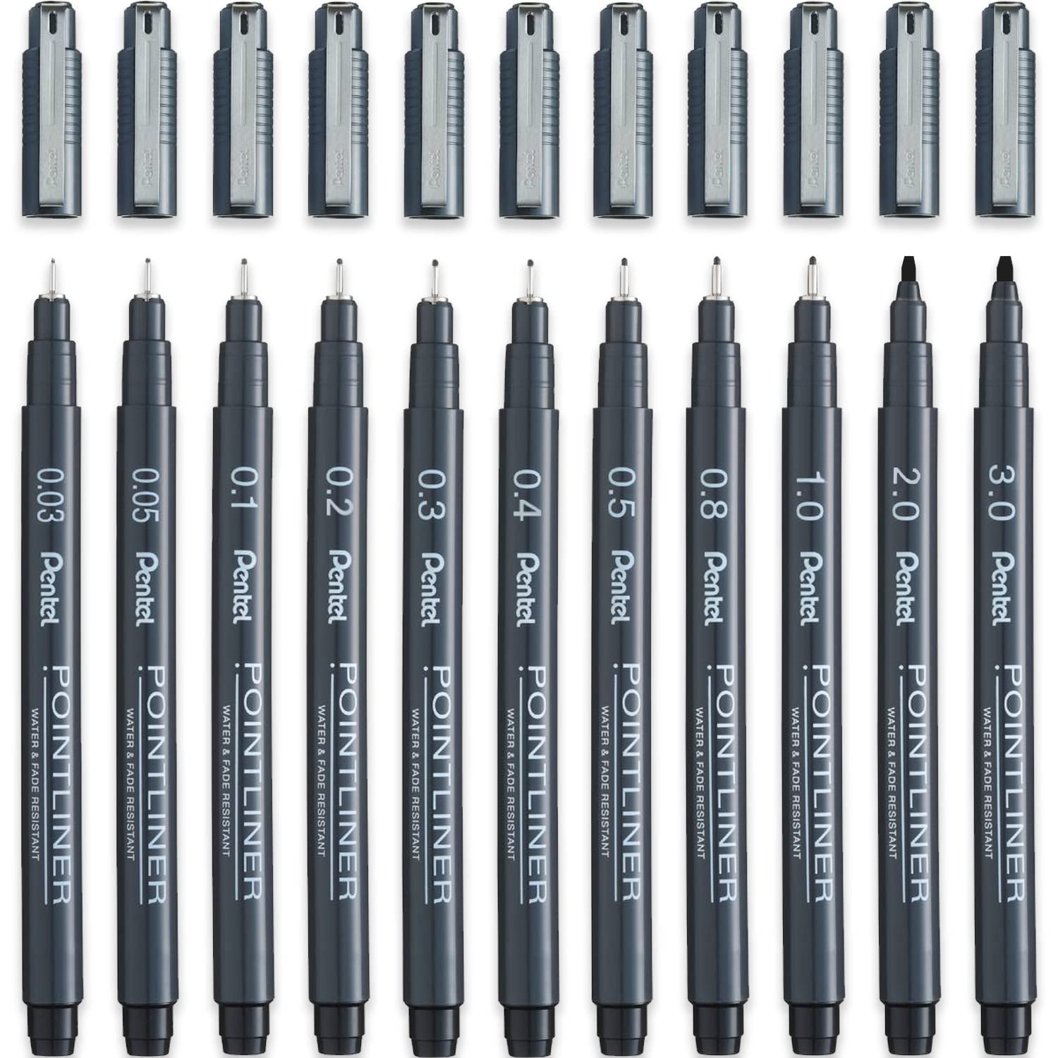 Pentel S20P Pointliner Pigment Liner Technical Drawing Fineliner Pen - Complete Black Set - Black Ink - Pack of 11
