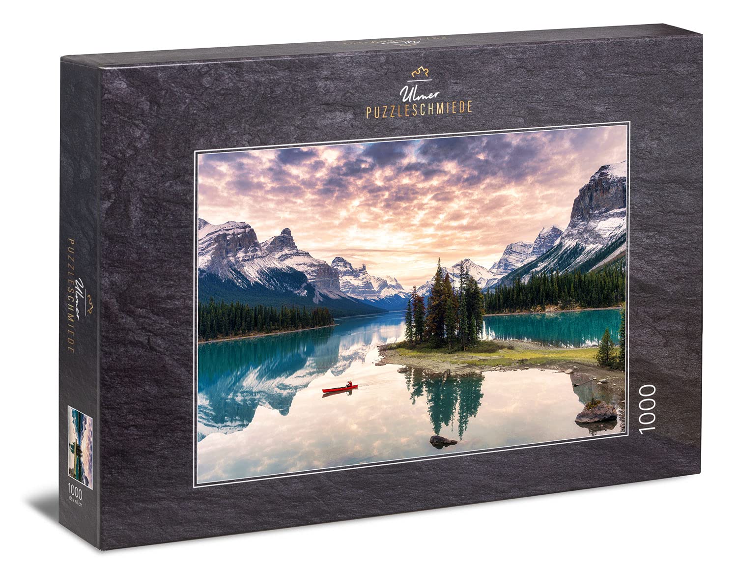 Ulmer Puzzleschmiede - Puzzle "loneliness" - classic landscape puzzle with 1000 pieces - lonely nature motif from the Jasper National Park in Canada with a lonely boat on Maligne Lake