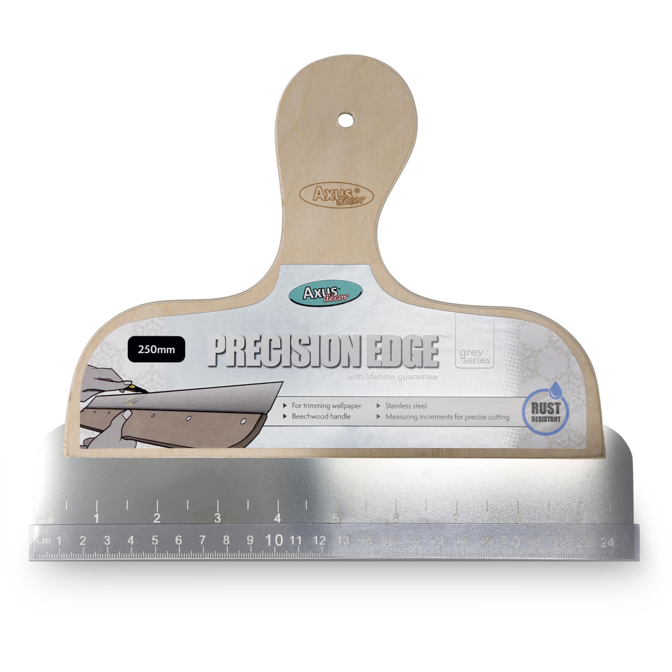 Axus Decor Precision Edge 25cm (Grey Series) - Multipurpose Tool With Measuring Increment & Cutting Blade - Wallpaper Cutting Tool With Stainless Steel Blade & Beechwood Handle, Grey